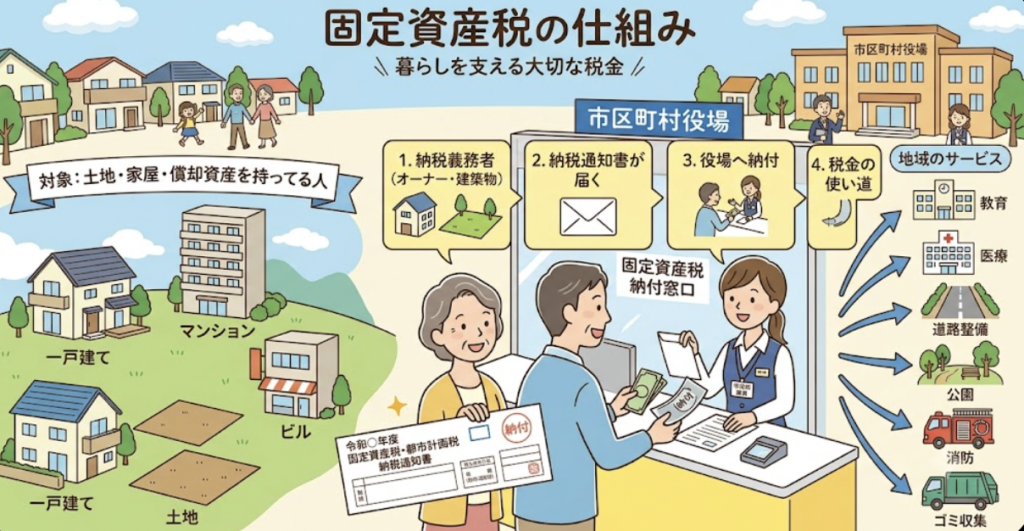 固定資産税の仕組みと税金の使途（教育・医療・道路・消防など）を解説したイラスト図解