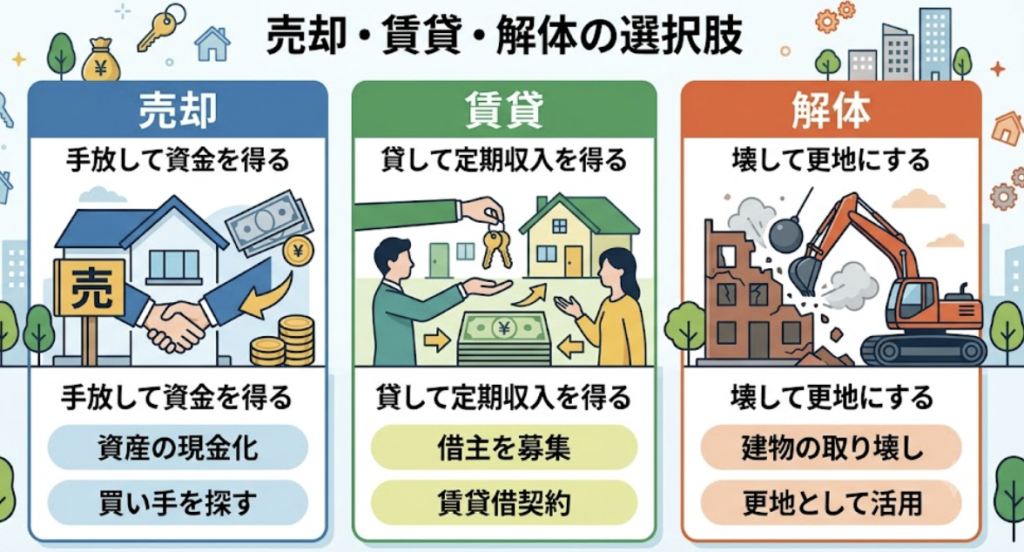 不動産活用の選択肢を図解。「売却して資金を得る」「賃貸して定期収入を得る」「解体して更地にする」という3つの方法を、それぞれのイラストと言葉で比較・解説しています。